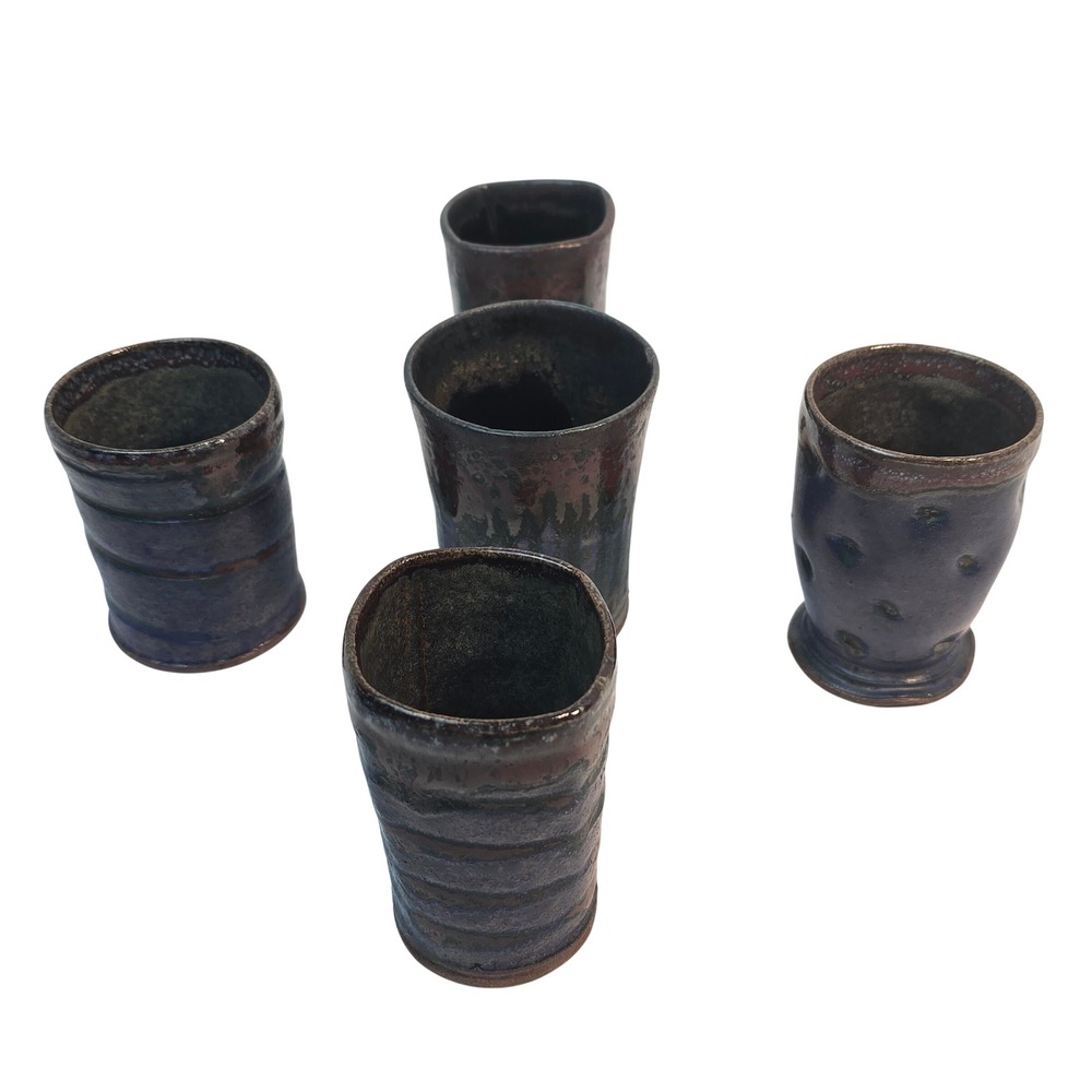Signed Studio Pottery Tumblers Set of 5 Iridescent Metallic Glaze Stoneware Cups